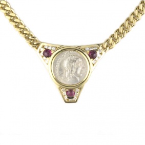 18k Yellow Gold Ruby & Diamond Set Roman Coin Necklace
